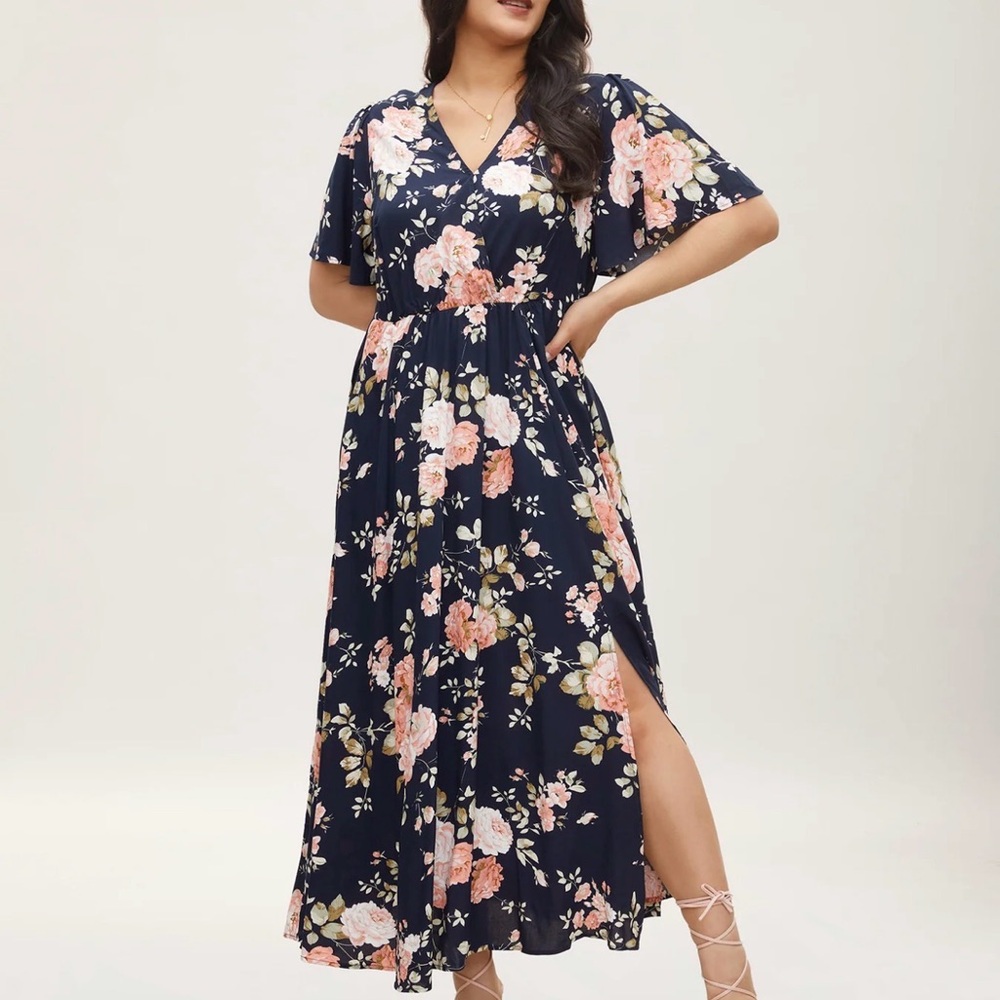 Navy Floral V-Neck Maxi Dress with Flutter Sleeves